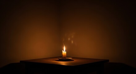 Candle burning on wooden surface in dark room, warm glow