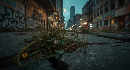 Grass and small flowers growing through a crack in an urban street with graffiti and buildings