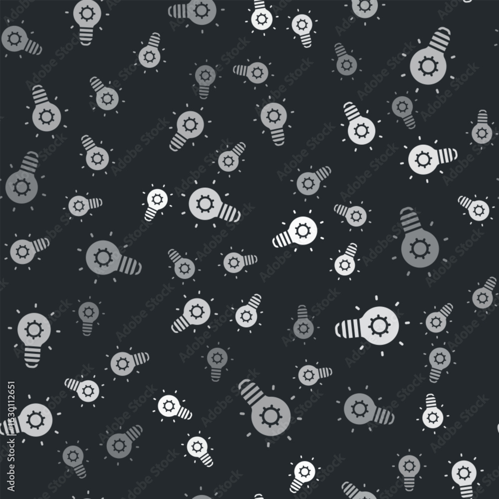 Poster grey light bulb with concept of idea icon isolated seamless pattern on black background. energy and 