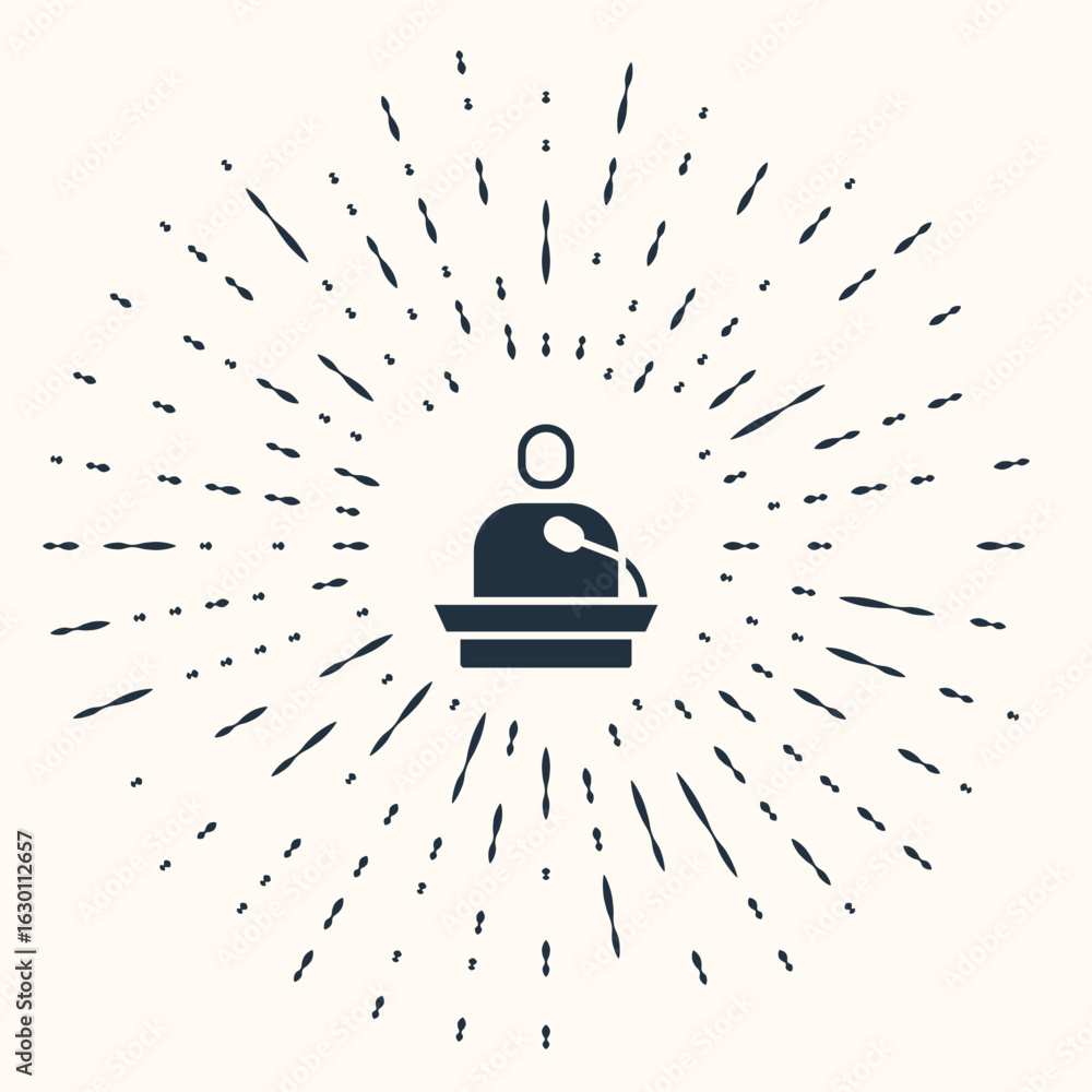 Poster grey gives lecture icon isolated on beige background. stand near podium. speak into microphone. the 