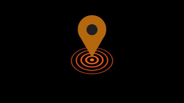 Animated map location icon with radio wave and locator pin point symbol. GPS navigator pin radio waves with black background.