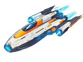 Futuristic sci fi spaceship with blue and orange accents isolated on transparent background