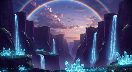 Fantasy landscape waterfalls rainbow crystals magical scenery nature wallpaper background art design