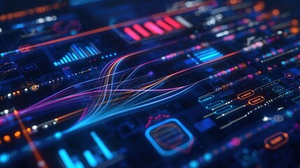 Dynamic Digital Background with Glowing Network Connections and Data Visualization Elements on Dark Blue Backdrop, Representing Advanced Information Technology and Global Communication Systems