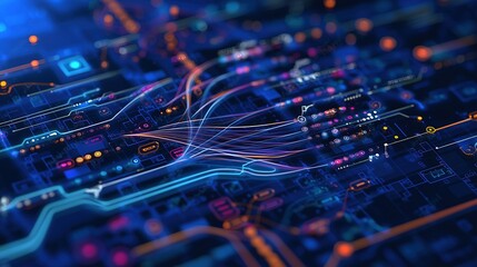 Dynamic Digital Background with Glowing Network Connections and Data Visualization Elements on Dark Blue Backdrop, Representing Advanced Information Technology and Global Communication Systems