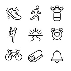 Fitness Alarm Icons. Outline icon set of fitness wake-up alarms: running shoe with alarm, morning jog silhouette, hydration