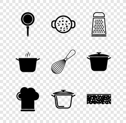 Set Frying pan, Cooking soup pot, Grater, Chef hat, Sponge with bubbles, and Kitchen whisk icon. Vector