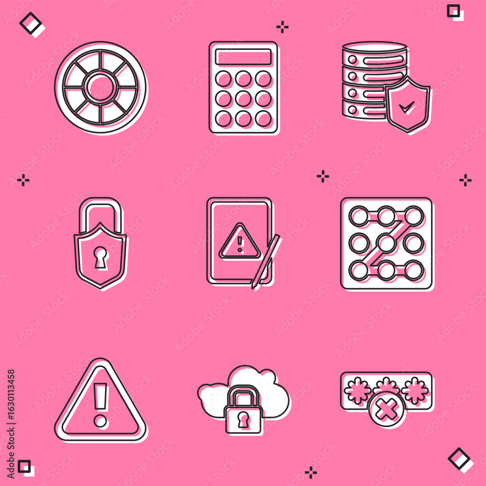Poster set safe, password protection, server with shield, lock, tablet exclamation mark, graphic password, 