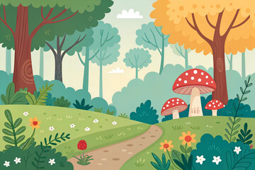 Enchanting woodland path with whimsical mushrooms and blooming flowers