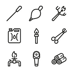 Obraz premium Flame Tool Icons. Outline icon set of flame tools: fire poker, bellows, spark striker, fuel can, torch handle, wick trimmer, gas
