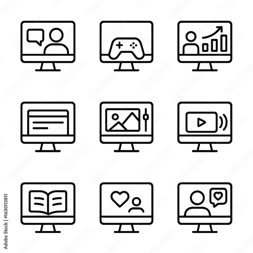 Poster screen usage icons. outline icon set of screen usage: video call, gaming, presentation, coding, brow