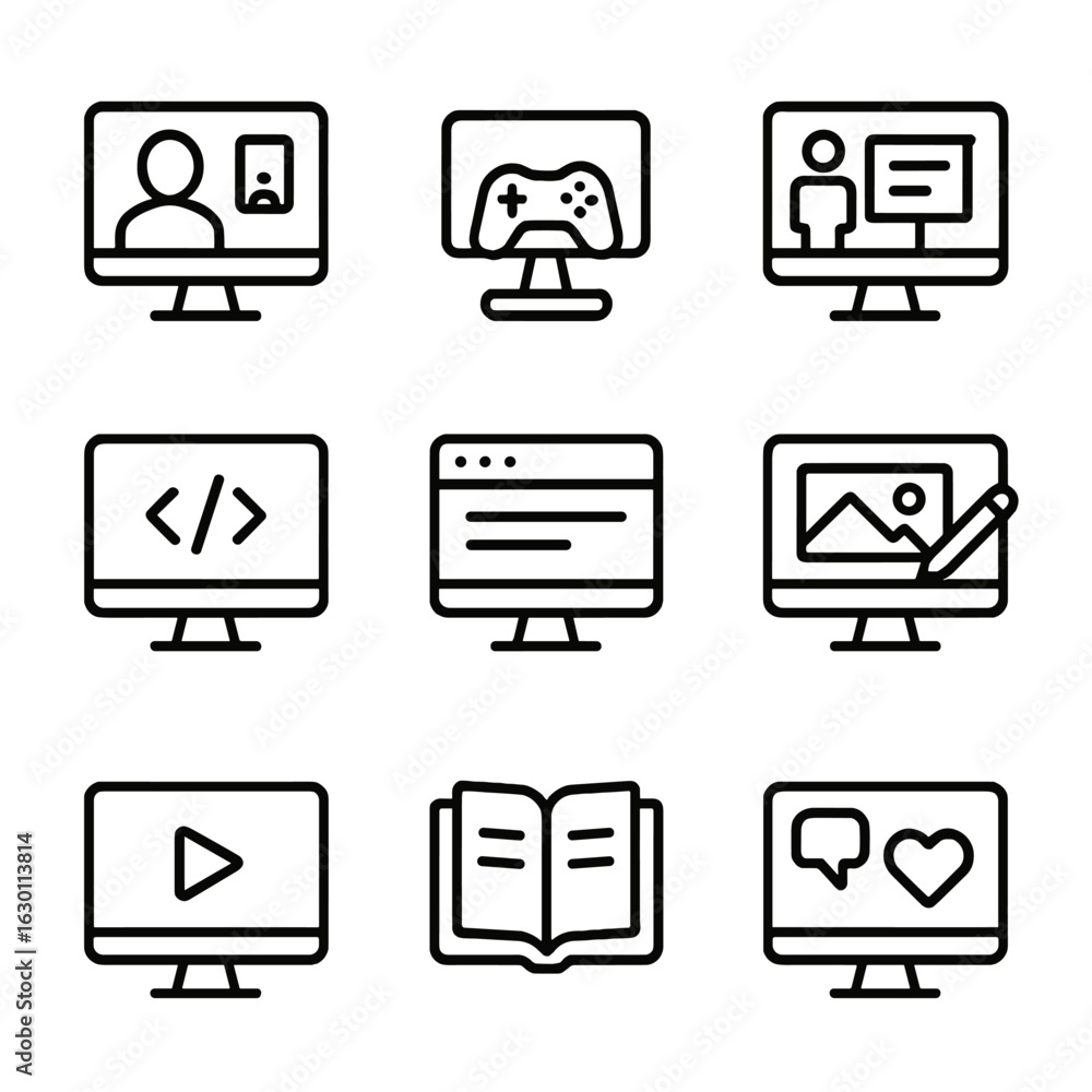 Poster screen usage icons. outline icon set of screen usage: video call, gaming, presentation, coding, brow