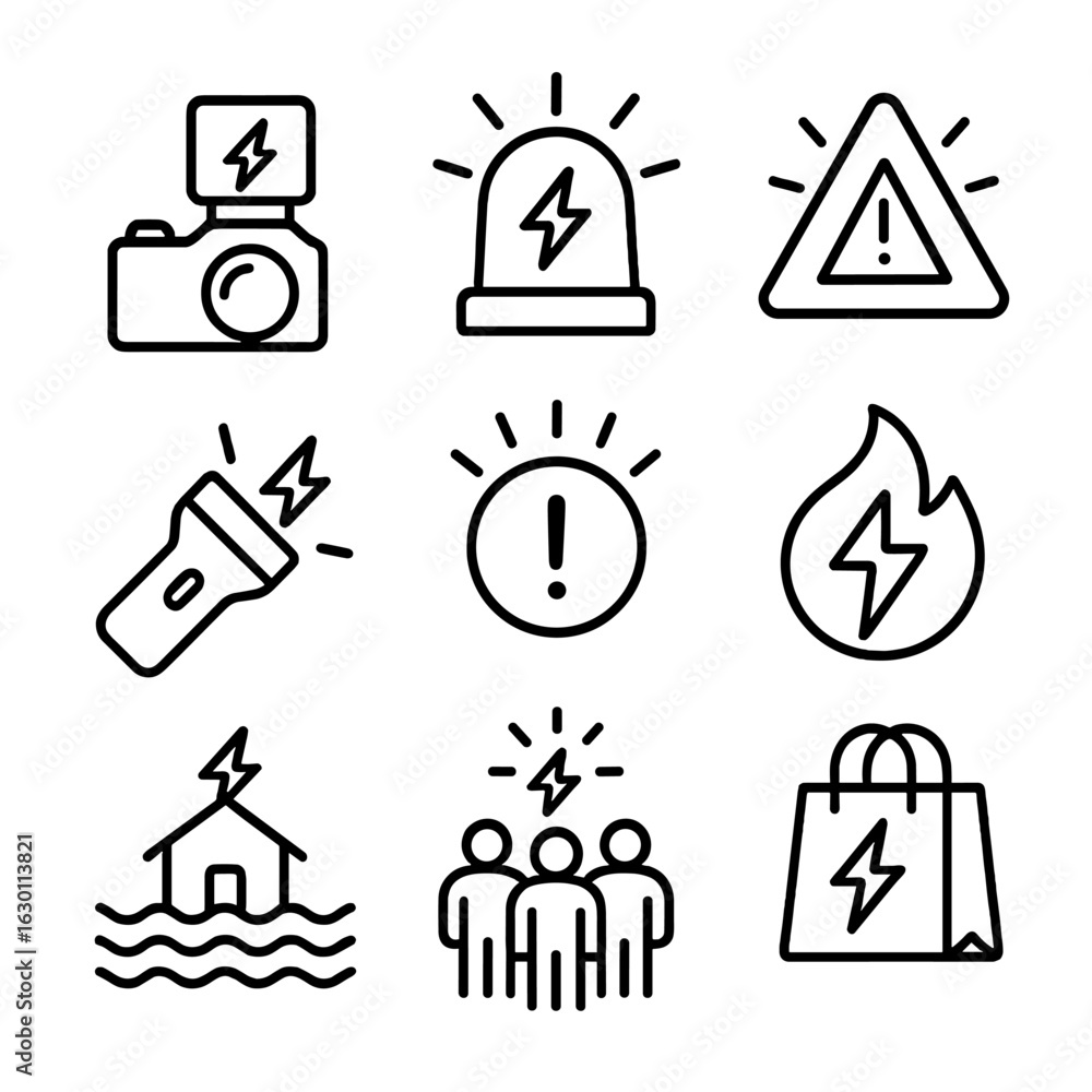 Poster flash usage icons grid. outline icon set of flash usage scenarios: photography flash, emergency flas