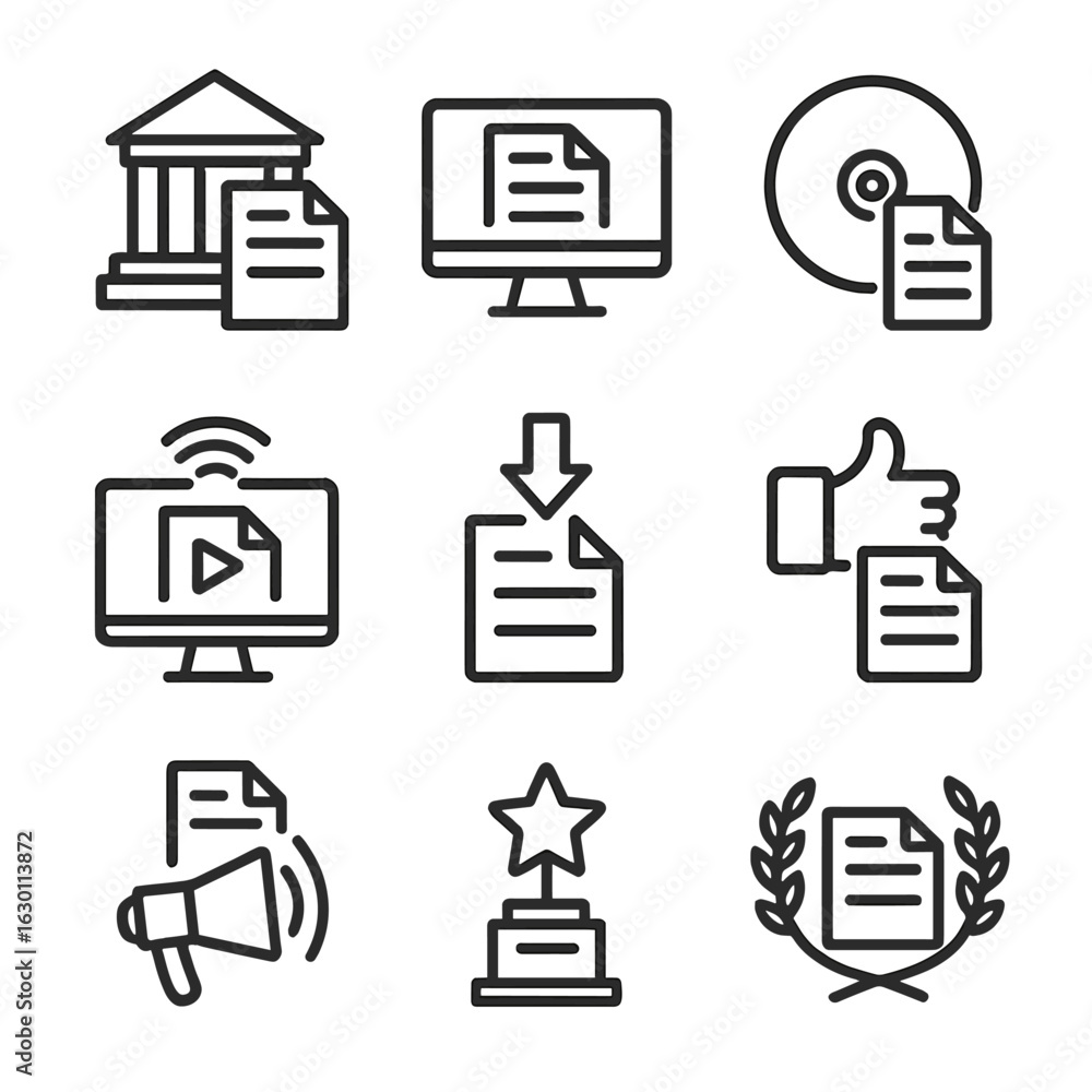 Poster script distribution icons. outline icon set of script distribution: publishing house, online platfor