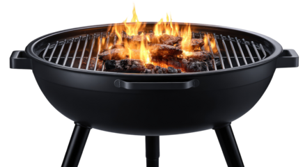 A black round grill with burning charcoal.  Flames dance above glowing embers