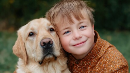 Smiling boy with Down syndrome hugging a golden retriever in an autumn park. Heartwarming portrait showing love, friendship, and emotional connection between child and dog.