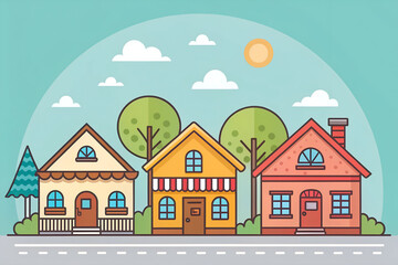 Fototapeta premium Charming row of colorful houses with trees and sunny sky