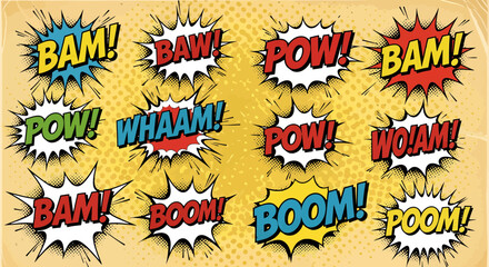 Dynamic comic book sound effect bursts BAM POW WHAM BOOM POOM WOAM creating a powerful visual narrative for action scenes and retro designs