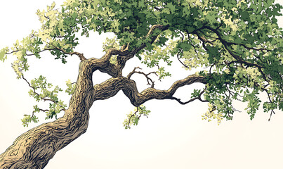 Highly detailed illustrations of various trees, leaves, grasses, and botanical elements, featuring realistic, minimalist, and abstract compositions on a white background.