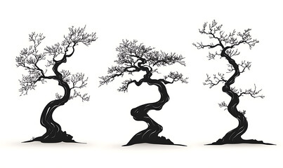 Highly detailed illustrations of various trees, leaves, grasses, and botanical elements, featuring realistic, minimalist, and abstract compositions on a white background.