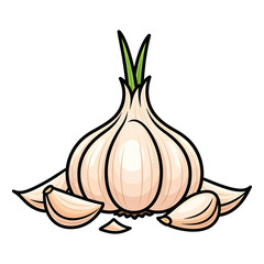 Vibrant cartoon illustration of a whole garlic bulb with green sprouts and separated cloves, isolated on a white background.
