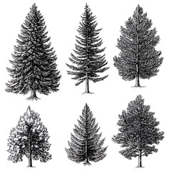 Highly detailed illustrations of various trees, leaves, grasses, and botanical elements, featuring realistic, minimalist, and abstract compositions on a white background.
