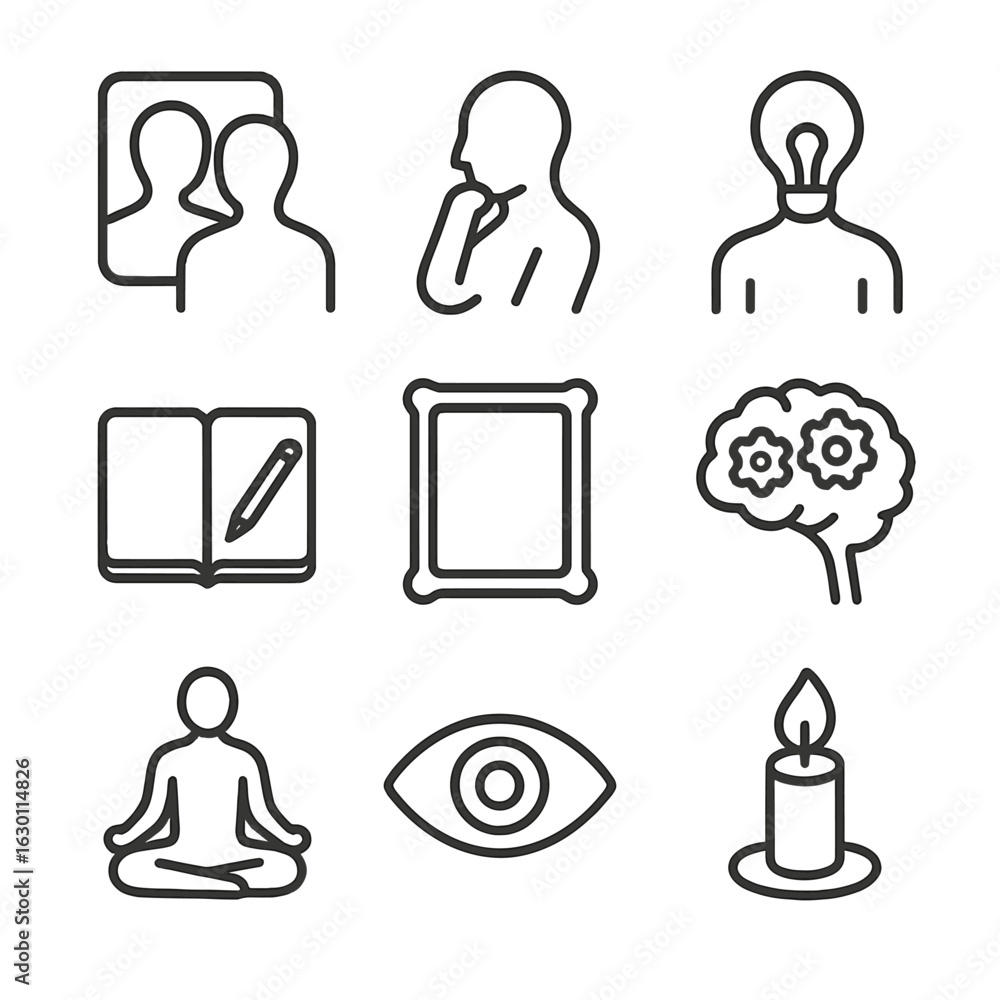 Poster self-reflection icon set. outline icon set of self-reflection symbols: silhouette in mirror, person 