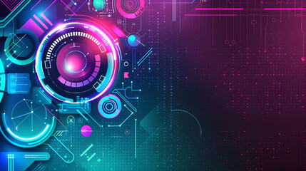 Obraz premium Vibrant abstract technological background with glowing circular elements and geometric patterns representing data and innovation.