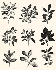Highly detailed illustrations of various trees, leaves, grasses, and botanical elements, featuring realistic, minimalist, and abstract compositions on a white background.