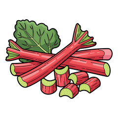 Cartoon vector illustration of fresh garden rhubarb. Whole and sliced stalks ready for cooking or baking, isolated on white.