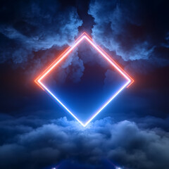 3d abstract background with ultraviolet neon lights, empty frame, cosmic landscape, glowing tunnel door with smoke
