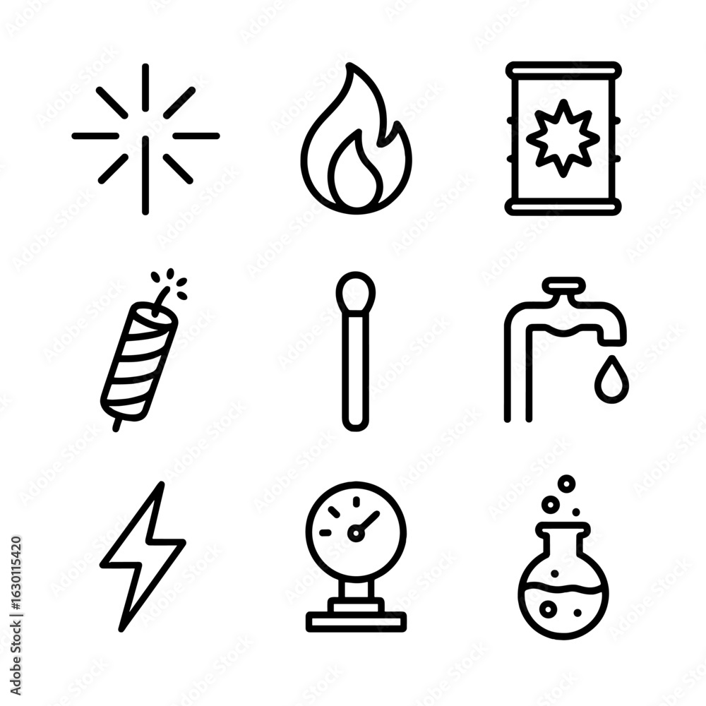 Poster flashpoint icons set. outline icon set of flashpoint concepts: ignition spark, flame, explosive barr