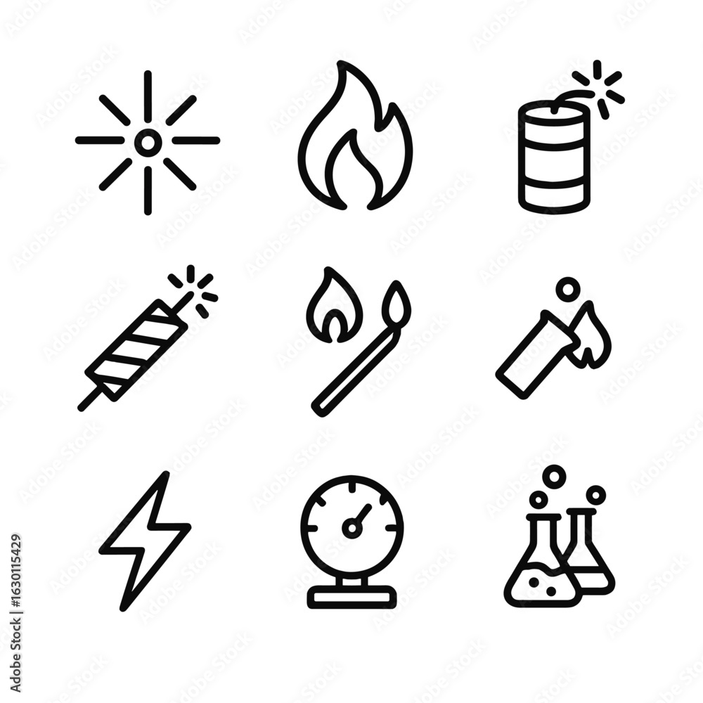 Aufkleber flashpoint icons set. outline icon set of flashpoint concepts: ignition spark, flame, explosive barr