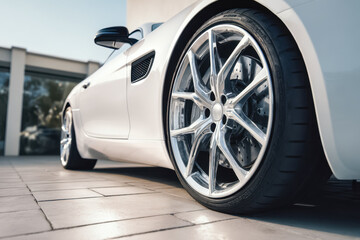 Close-up of a luxury sports car's wheel and sleek white body parked on a paved surface
