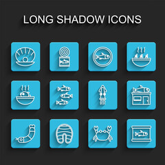 Set line Shrimp, Fish steak, Shell with pearl, Crab, Canned fish, Fishes, Seafood store and Octopus icon. Vector