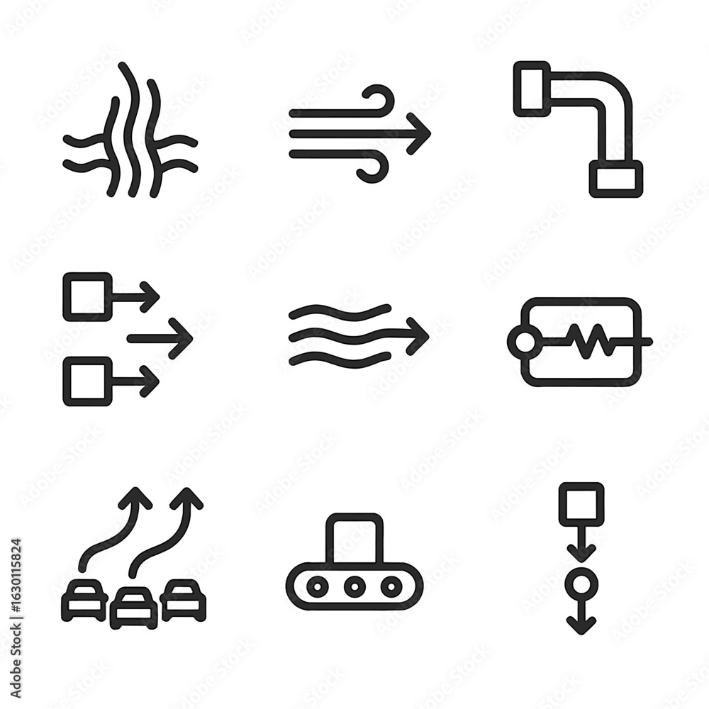 Poster flow concepts icons. outline icon set of flow concepts: water stream, airflow, pipeline, data flow, 