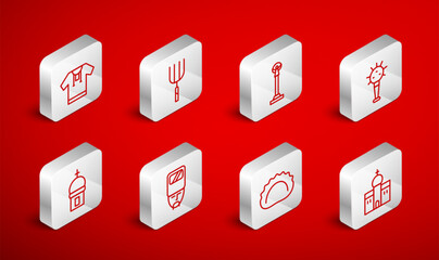 Set line Church building, Garden pitchfork, Monument of Independence, Mace, Dumplings, Embroidered shirt, Ukrainian cossack and tower icon. Vector