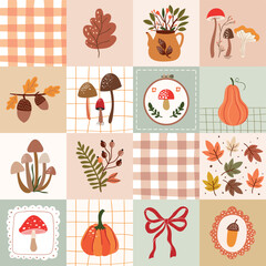 Autumn seamless pattern with seasonal elements, pumpkins, mushrooms and plants, vintage wallpaper, coquette background