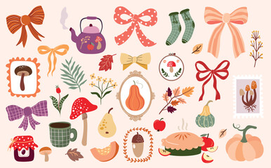 Autumn elements collection, coquette aesthetic design, seasonal bows, mushrooms, pumpkins