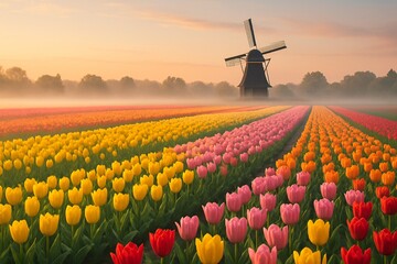 Colorful tulip field dutch windmill morning mist
