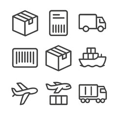 Shipment Tracking Icons. Outline icon set of shipment tracking: shipping box, shipping label, delivery truck, barcode, package,