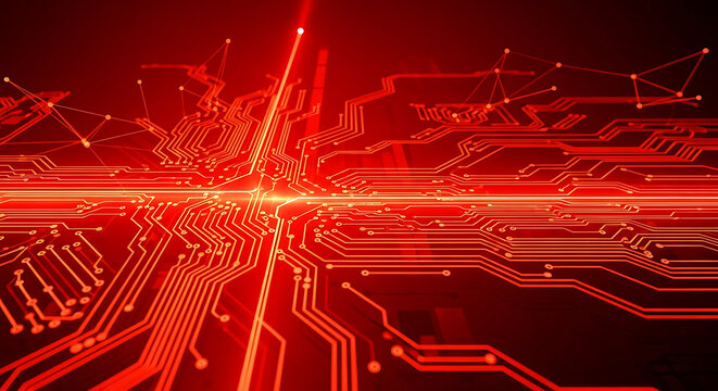 Glowing digital red background circuit board with intricate pathways and connected nodes, radiating light. - Powered by Adobe