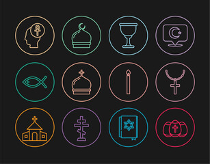 Set line Easter egg, Christian cross on chain, Holy grail or chalice, Church tower, fish, Cross ankh, Burning candle and Muslim Mosque icon. Vector