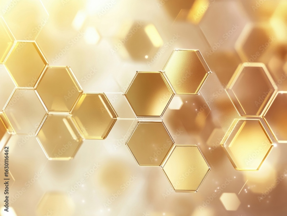 Poster hexagonal patterns in golden tones create a shimmering background