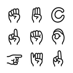Sign Language Icon Set. Outline icon set of sign language gestures: alphabet A, B, C, D, E, F, G, H, I. Line icons in only black