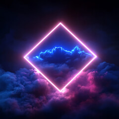3d abstract background with ultraviolet neon lights, empty frame, cosmic landscape, glowing tunnel door with smoke
