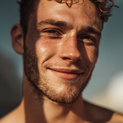Fototapeta premium portrait of a smiling 25-year-old skinny Caucasian male model with flawless skin, captured on a bright sunny day.