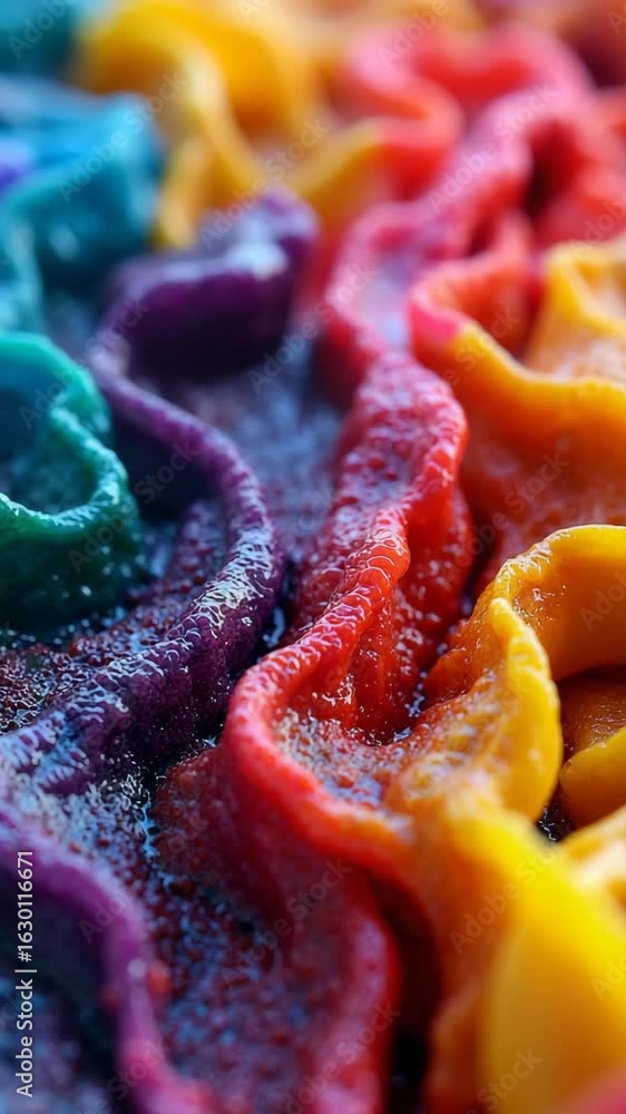 Poster a close-up abstract image showcasing a vibrant, multicolored texture resembling flowing waves or fab