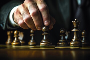 A hand carefully moves a pawn on a chessboard, surrounded by intricately carved wooden pieces, set against a softly lit backdrop in the evening.