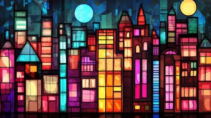 A colorful cityscape with a large blue moon in the background